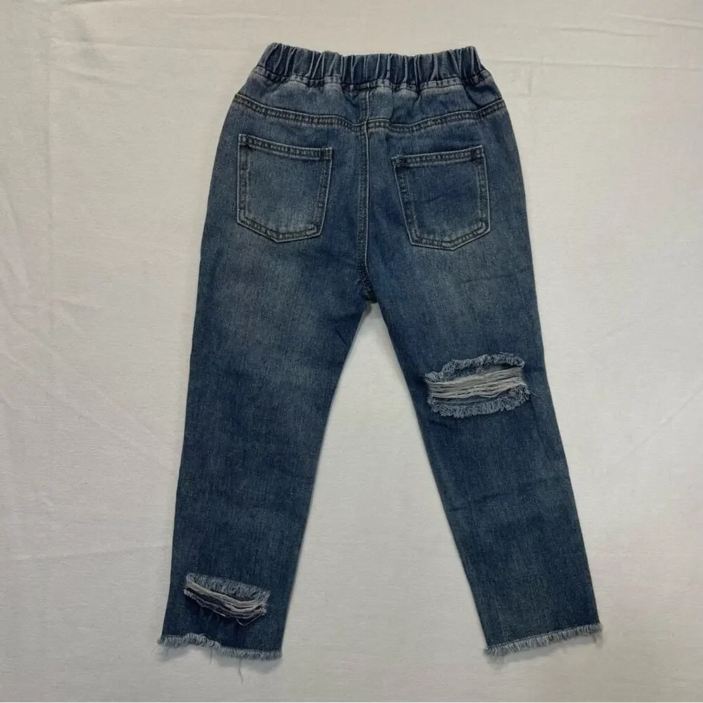 Trendy Littles Girls Distressed Jeans 6-7 Boyfriend Fit Raw Hem Elastic Waist